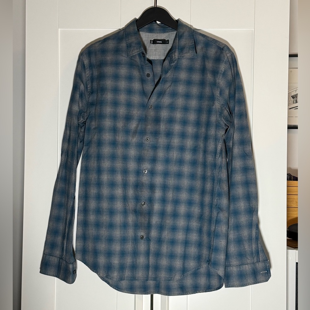 Vince Men's Navy Plaid Button Down Shirt